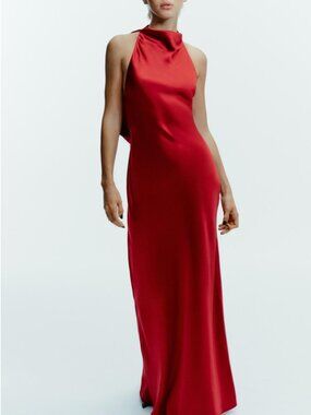 Zara Long Satin Halter Dress | Deep Crimson Red | NWT | Size XS
